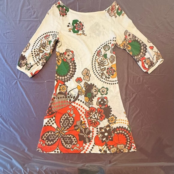 Zara Y2K Vintage Cream/Orange 3/4 Sleeve Floral Mini Dress Size Small - Picture 2 of 7